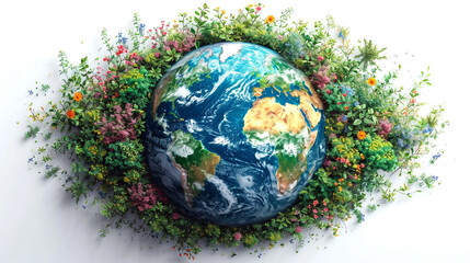 Obraz na płótnie Canvas Creative abstract global ecology and environment protection business concept: mini green Earth planet globe with world map with green grass and color meadow flowers isolated on white background