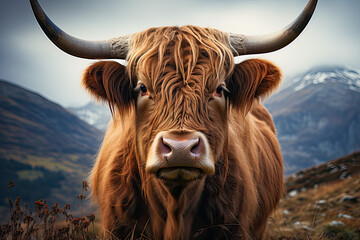 A beautiful portrait of a brown Scottish Highland Cattle cow with long horns. - obrazy, fototapety, plakaty