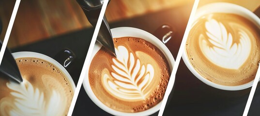 Barista coffee shop collage with white vertical lines and bright light white segments