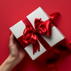 hand holding red gift box with white ribbon and bow on the red background. Valentine's Day