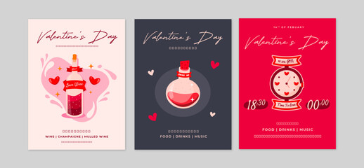 Happy Valentine’s Day Event Invitations. Modern abstract art design with hearts, love potion, champagne bottle and love font. Love wins, love is in the air and be my valentine concepts.