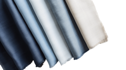 A sample of blue linen fabric, neatly arranged in shades from light to dark on a transparent background. Fabric texture.