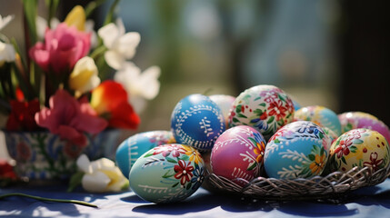 Obraz na płótnie Canvas Painted eggs on the Easter table