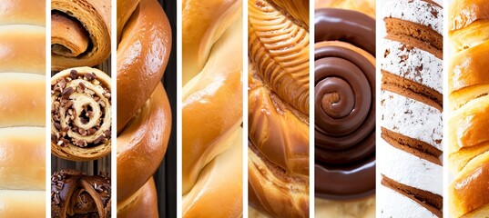 bakery delights  assorted treats divided by white lines in bright white light style collage
