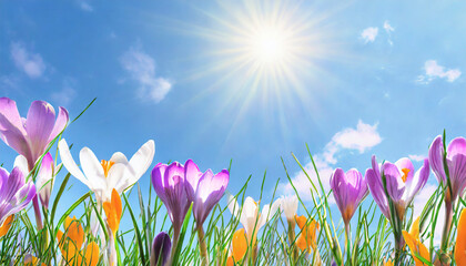 Spring crocus flowers on blue sky background with white clouds and sun