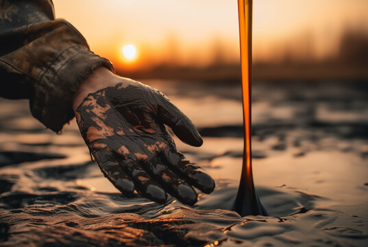 Crude oil production. Hands of worker in crude oil. Oil spilled in hands of worker during crude extraction. Oilfield Accident. Spilled petroleum products. Oil industry Crisis. Economic downturn