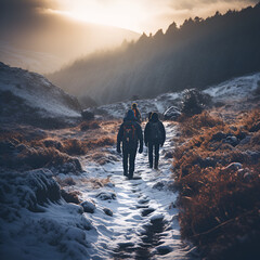 people walking in the cold winter landscape in the countryside
