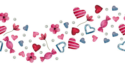 Seamless border with watercolor hearts, candies and flowers. Hand drawn romantic art romantic for valentine's day, for lovers cards, wedding design. Template with space for text for web banners, gift