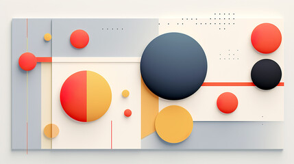 The image is a minimalist 3D graphic art with an abstract composition of geometric shapes, featuring circles and rectangles in a muted color palette.Background concept. AI generated.