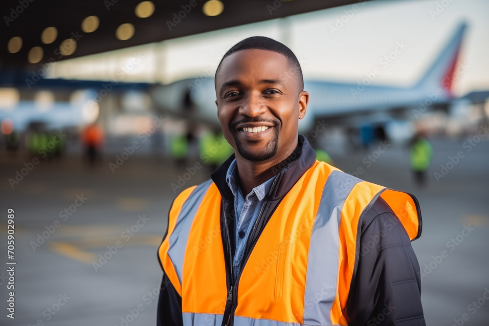 Wall mural Portrait of a man aircraft marshall worker in runway airport.Portrait of a man aircraft marshall worker in airport hangar, repairing planes. Aircraft maintenance technician