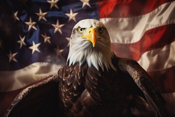 Naklejka premium Patriotic eagle taking wing in front of US flag. Memorial day US soldier, marine, special forces.