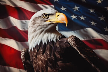 Patriotic eagle taking wing in front of US flag. Memorial day US soldier, marine, special forces.