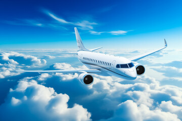 Obraz premium Realistic photo of White Luxury generic design private jet flying over the earth. Empty blue sky with white clouds at background.
