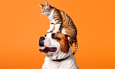 animal friends: cat on dog - obrazy, fototapety, plakaty