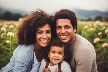Young happy mixed race family in a field.They take pictures to remember the family holiday.