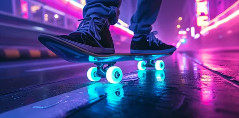 Rollo retrowave scene with a guy using a  skateboard, purple neon palette mood, urban scene © aledesun
