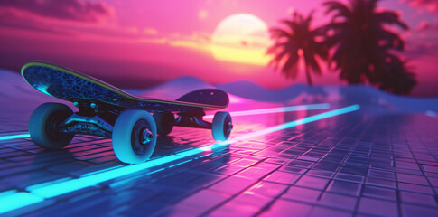 retrowave scene with a skateboard, purple palette mood, with palms background