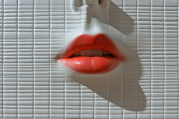 woman's red mouth and red  lips face  isolated  going out by  minimal bacground white wall 