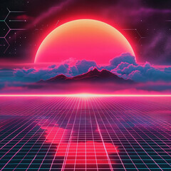 retrowave surreal landscape with a big bright purple, orange and red sun, calm palce with sea mountains, wallpaper background