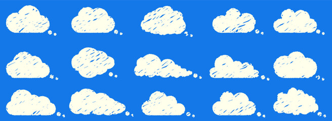 Set of simple scribble white clouds naive art. Collection of hand-drawn kawaii elements on blue background for chat, announcement, comments.