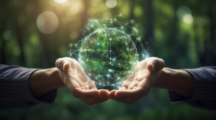 Securely connecting the world: hands holding global network and data on nature background