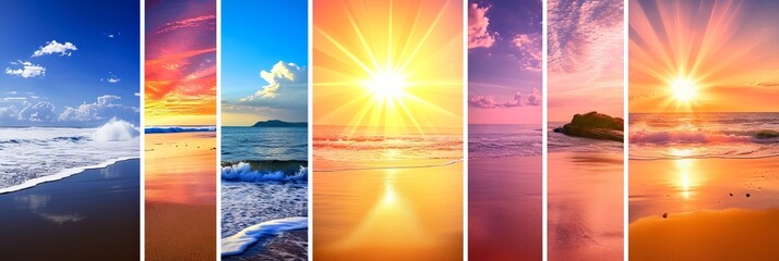 Serene beach collage featuring multiple divided segments and captivating bright white light style