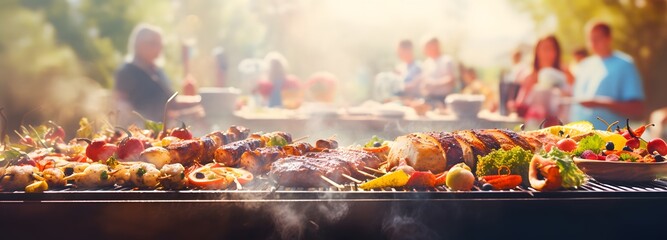 Friends gather for a barbecue outdoors in the summer - obrazy, fototapety, plakaty