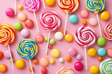 Colorful rainbow lollipops and candies on pink background