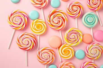 Fototapeta na wymiar Colorful rainbow lollipops and candies on pink background