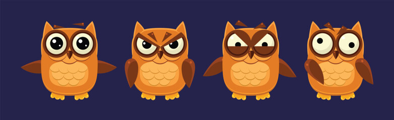 Funny Owlet Bird with Feathers Have Face Emotion Vector Set