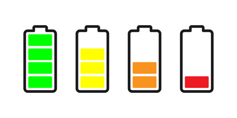 Charging batteries icons collection. Color elements with black outline on white background. Best for polygraphy, mobile apps and web design.