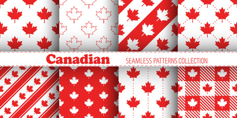 Canadian vector seamless patterns collection. Red maple leaves and stripes on white background. Best for textile, wallpapers, wrapping paper, package and festive decoration.