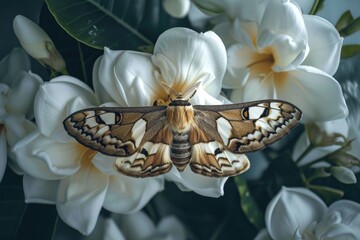 Moth resting on white plumeria flowers. Spring nature and tranquility concept. Design for poster, wallpaper. Springtime beauty. Close-up shot with place for text