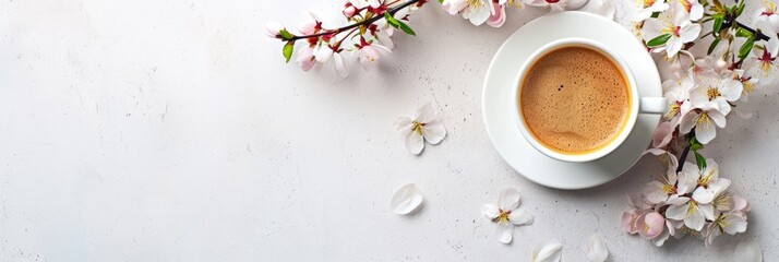 Cup of espresso with spring cherry blossoms on white background. Flat lay composition with space for text. Serene morning concept. Design for menu, poster, invitation, greeting card - obrazy, fototapety, plakaty