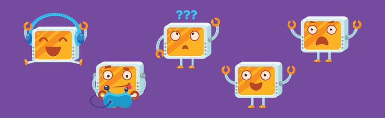 Funny Robot Character Engaged in Different Activity Vector Set