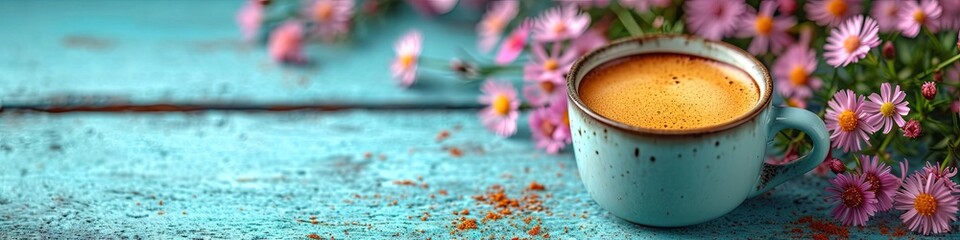 Espresso coffee in a blue cup on turquoise wooden surface surrounded by pink flowers. Flat lay composition with copy space. Vibrant breakfast concept. Design for banner, poster, invitation - obrazy, fototapety, plakaty