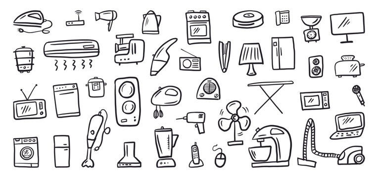 Vector collection of household appliances and electrical appliances for the home hand-drawn in doodle style