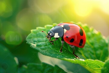 Fototapeta premium Ladybug on a green leaf with sunlight. Macro photography with blurred background. Nature harmony concept. Design for banner, poster, wallpaper with copy space. Springtime composition
