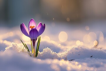 Purple crocus emerging through snow in early spring. Macro photography. Resilience and renewal concept. Design for greeting card, poster, wallpaper with copy space. Springtime beauty