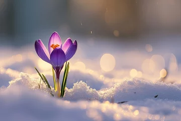 Poster Purple crocus emerging through snow in early spring. Macro photography. Resilience and renewal concept. Design for greeting card, poster, wallpaper with copy space. Springtime beauty © dreamdes