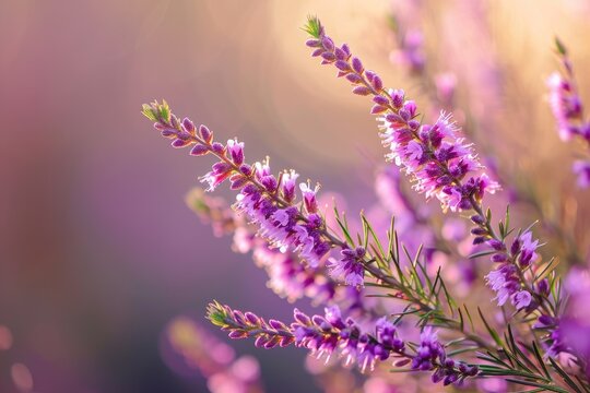 Close-up of purple heather flowers in soft golden light. Macro photography. Spring nature concept. Design for greeting card, invitation, wallpaper. Springtime beauty