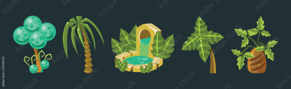 Poster fantastic game nature element and forest object vector set