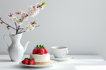 Mini cheesecake with strawberries, tea, and cherry blossoms in a vase. Minimalist food photography. Spring dessert concept. Design for menu, banner, poster. Springtime composition with copy space - obrazy, fototapety, plakaty