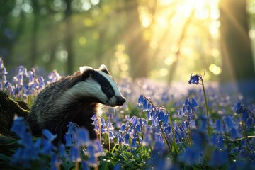 Badger walking through bluebell woods at sunrise. Wildlife photography. Nature and exploration concept. Design for banner, poster, wallpaper. Springtime composition with copy space. Spring beauty
