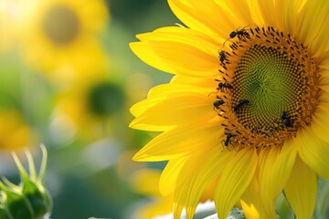 Naklejka premium Sunflower with bees in summer sunlight. Nature photography with pollination. Agriculture and summer bloom concept. Design for poster, banner, greeting card. Close-up shot with copy space.