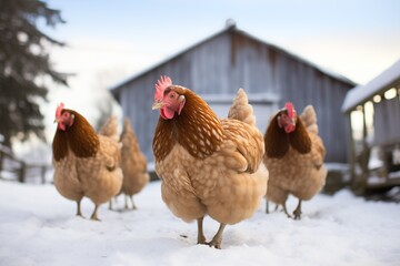 Chickens walking in the snow on a winter farm