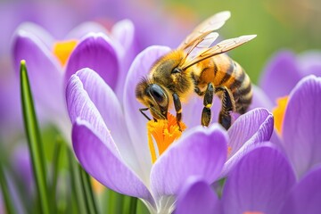 Honeybee collecting pollen from purple crocus flowers. Macro nature photography of pollination....
