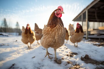 Chickens walking in the snow on a winter farm