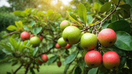 Obraz premium Ripe Guavas on a Tree Branch in a Lush Green Orchard