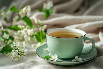 Obraz na płótnie Canvas Elegant green cup of tea with jasmine flowers. Concept of morning breakfast, afternoon tea or spring time. Spring composition with copy space. 